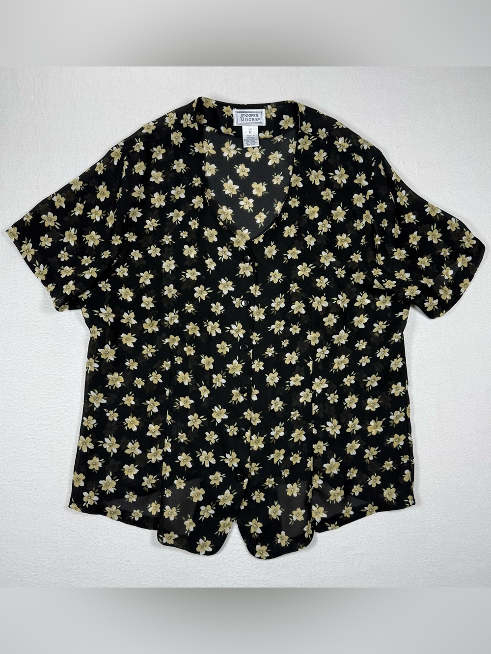 90s sheer Floral black Short-Sleeve Button blouse